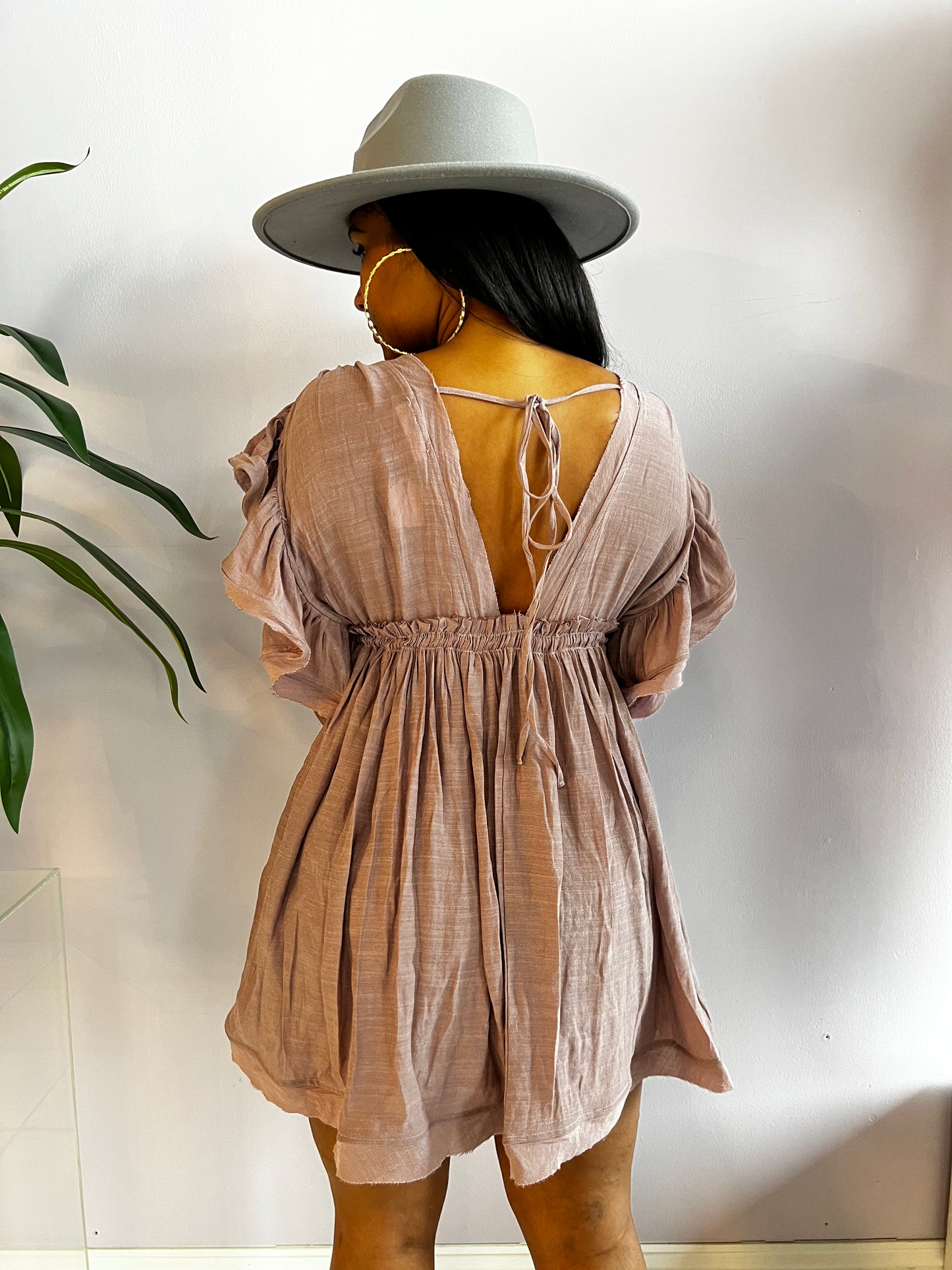 Pocketed Button Down ruffle dress with plunging neckline