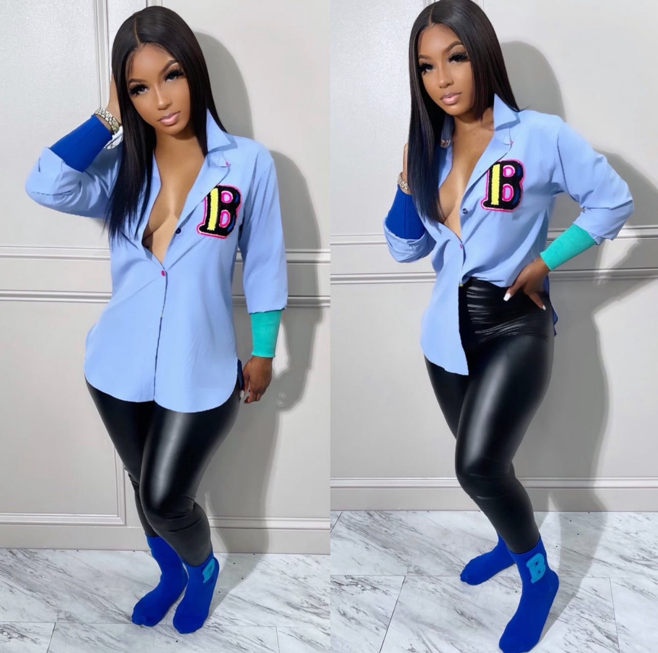 Billionaire Varsity Button Up Tunic Shirt | Blue