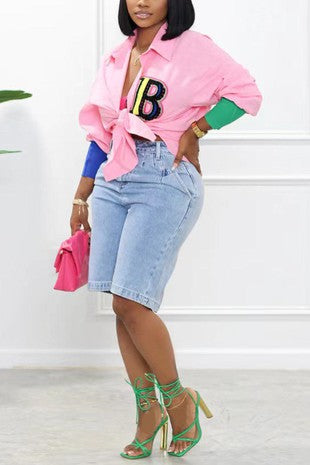 Billionaire Varsity Button Up Tunic Shirt | Pink