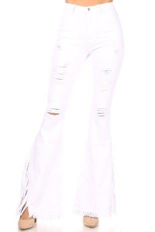 White flare distressed jeans