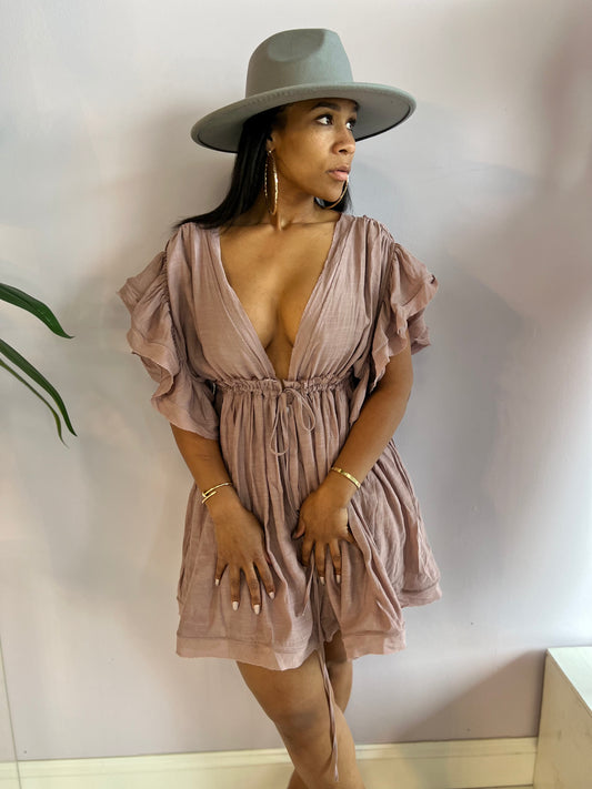 Pocketed Button Down ruffle dress with plunging neckline