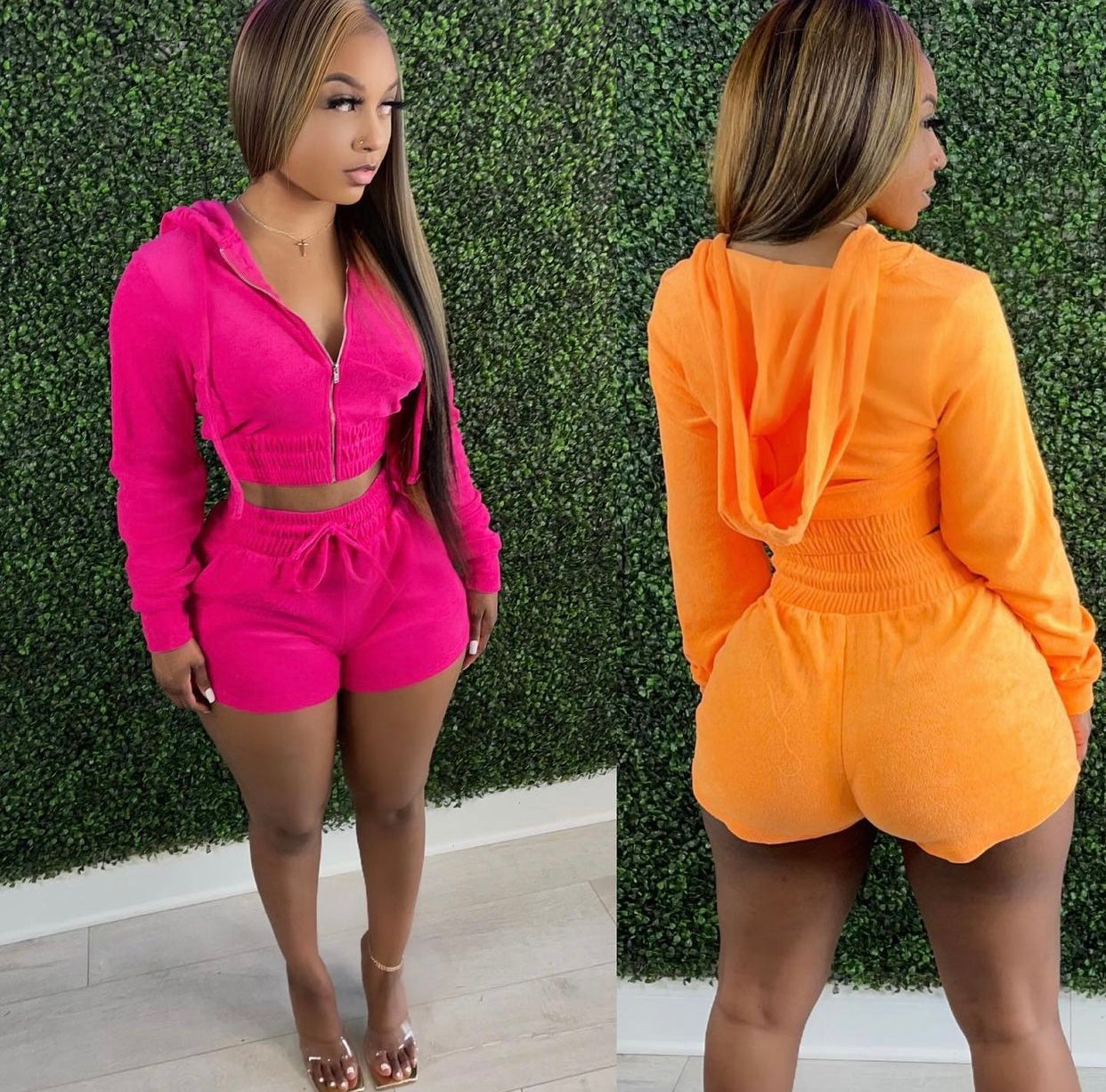 Terry Track Zip up Hoodie And Shorts Set