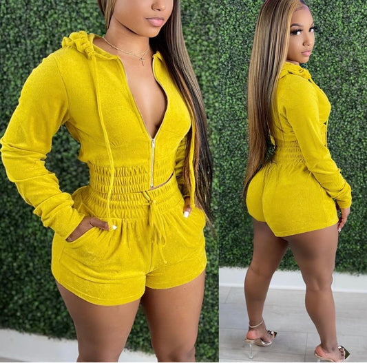 Terry Track Zip up Hoodie And Shorts Set