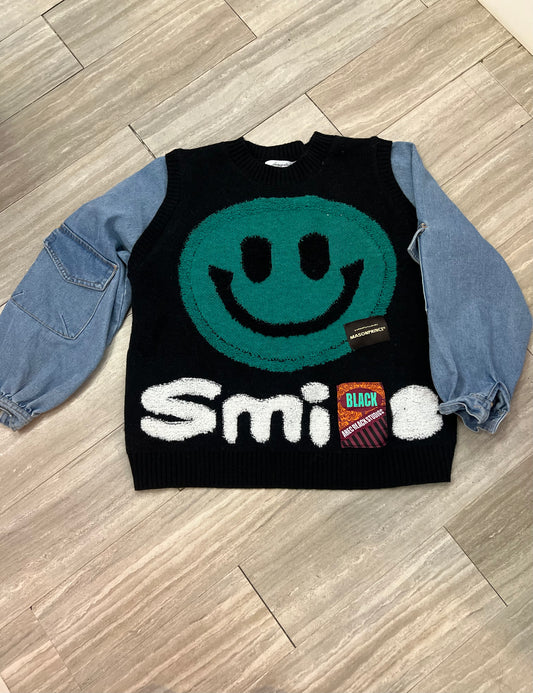 Smile mixed print denim patch sweater
