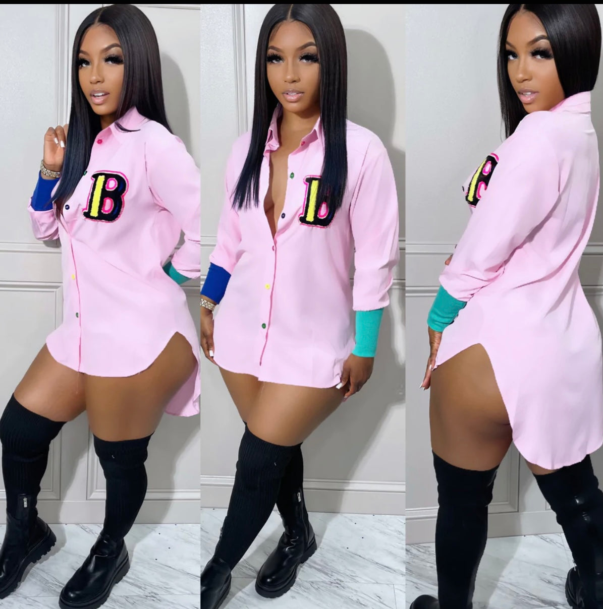 Billionaire Varsity Button Up Tunic Shirt | Pink