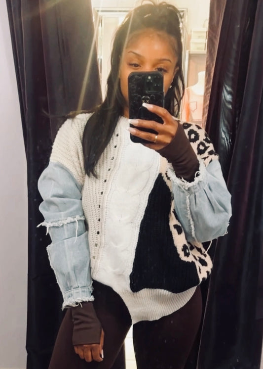 WILD MIXED AND FRAYED PRE-ORDER DENIM SLEEVES SWEATER Pre-Order