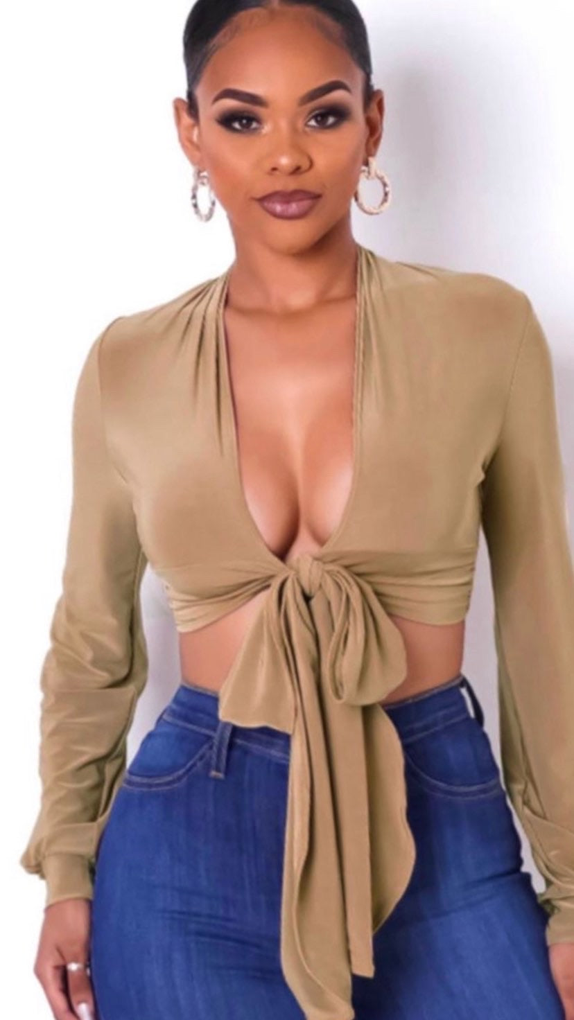 Tie Front Long Sleeve Crop Top