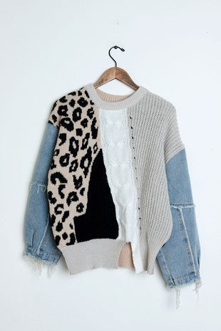 WILD MIXED AND FRAYED PRE-ORDER DENIM SLEEVES SWEATER Pre-Order