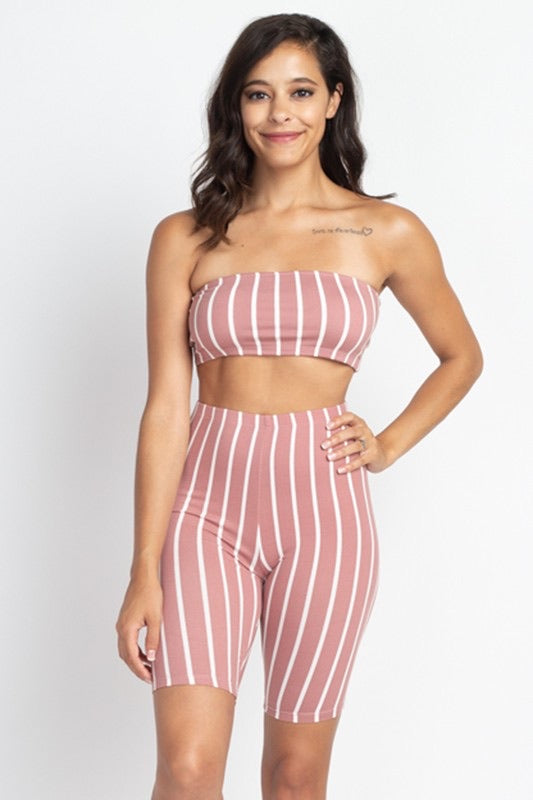 Stripe Tube Top and Biker Shorts Set