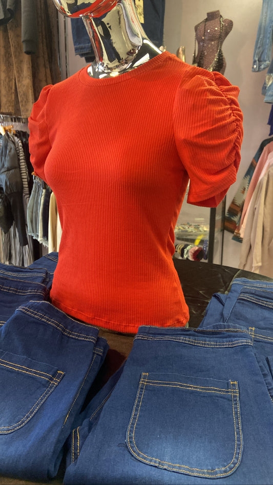 Coral Puff Shoulder Top